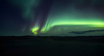 Breathtaking Northern Lights display over vast desert with rolling sand dunes and stars