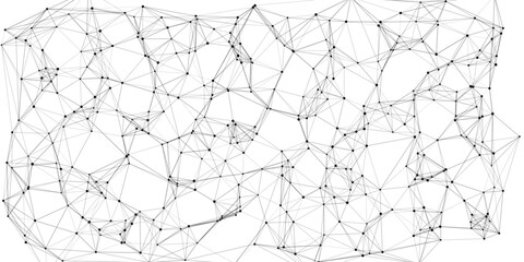 Intricate web of connected black nodes and fine gray lines creating a sophisticated geometric network structure with organic voids on a white background symbolizing digital pathways