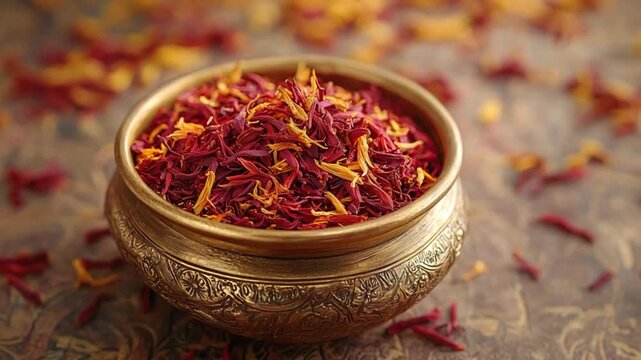 saffron threads in a traditional indian brass spice container video