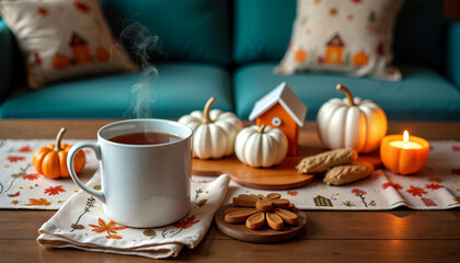 cup of coffee and cookies Steaming mug of hot drink on a fall themed table setting. Cozy autumn decoration with pumpkin and candle. Thanksgiving holiday concept