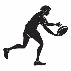 Silhouette of a male rugby player in mid action preparing to pass or catch an oval shaped rugby ball while running on a white background