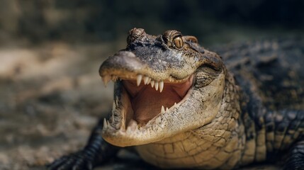 Obraz premium A detailed close up shows a fierce alligator opening its mouth revealing sharp teeth
