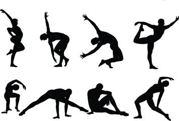 Set of Seven Black Silhouettes of Woman Performing Dance and Yoga Poses for Fitness and Wellness Vector DesignSet of Seven Black Silhouettes of Woman Performing Dance and Yoga 
