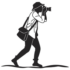 A silhouette of a photographer wearing a bucket hat and carrying a camera bag actively capturing a moment with their dslr camera