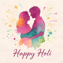 Naklejka premium Artistic Watercolor Happy Holi Greeting Card with Color Splashes and Elegant Hand Lettering