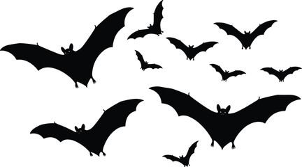 Flying bats silhouette illustration, spooky Halloween bat design