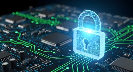 Cybersecurity concept with padlock over circuit board background