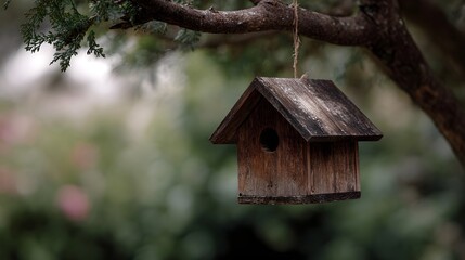 A rustic wooden birdhouse hangs suspended from a thick tree branch amidst blurred greenery offering a natural sanctuary