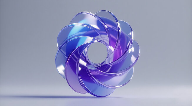A modern, abstract 3D rendering of a smooth, translucent toroidal structure. The object features a vibrant gradient of blue and purple hues, creating a sense of depth and futuristic elegance against a
