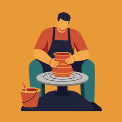 Potter forms clay on a spinning wheel; simplistic, colorful vector art
