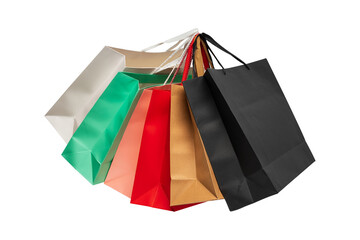 Multiple colorful recycled shopping bags isolated on transparent PNG. This concept is perfect for shopping, business, environment, advertising, and lifestyle themes.

