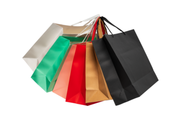 Multiple colorful recycled shopping bags isolated on transparent PNG. This concept is perfect for shopping, business, environment, advertising, and lifestyle themes.
