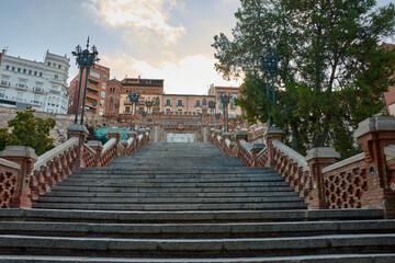The majestic Oval Steps in Teruel, a Neo-Mudejar architectural gem with a relief