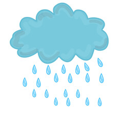 Basic Blue Cloud with Rain Drops. Puffy Rainy Weather Element for Graphics, Kids' Media, and Mobile Apps. 