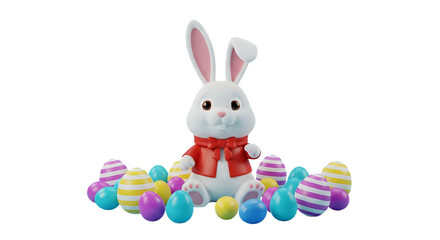 Obraz premium Charming white Easter bunny in a red jacket sits surrounded by vibrantly striped and solid colored festive eggs, perfect for spring celebrations and holiday designs