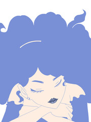 Aesthetic and elegant illustration of a beautiful woman with curly hair with a blue color theme