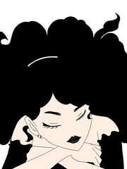 Aesthetic and elegant illustration of a beautiful woman with curly hair with black color theme