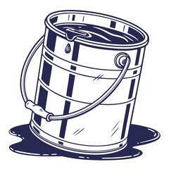 A stylized illustration of a dark blue paint can with a handle tilted and spilling dark liquid onto a white background