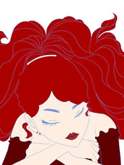 Aesthetic and elegant illustration of a beautiful woman with curly hair with a red color theme