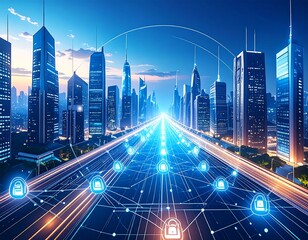 Futuristic cityscape at night with glowing highway and data network