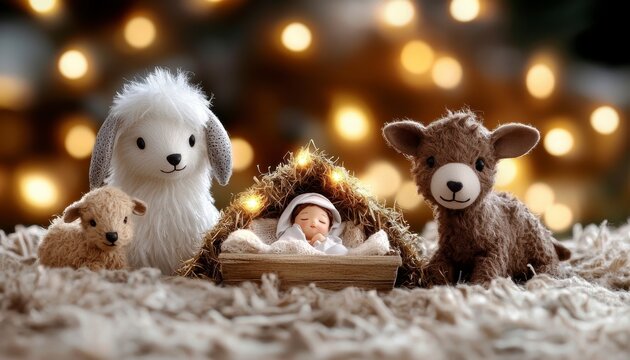 A Winter Nativity Scene Depicts Holy Family And Animals. Celebrate yuletide view sacred birth tableau serene christmas image shows blessed mother joseph infant savior docile creature