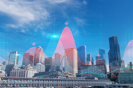 Financial data concept over modern USA cityscape with futuristic graphic interface on blue sky background representing economic growth and analytics.