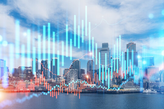 Financial data chart overlay on modern USA cityscape background with concept of stock market trends and economic growth visualization effect. - Powered by Adobe
