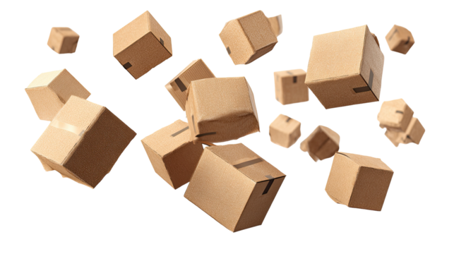 Scattered cardboard boxes in mid-air