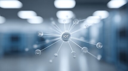 Futuristic server room visualizing connections between digital devices and internet of things using glowing lines and icons, representing network, data, and technology