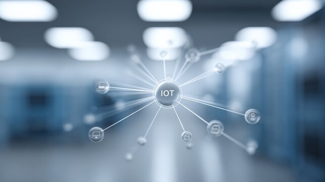 Futuristic server room visualizing connections between digital devices and internet of things using glowing lines and icons, representing network, data, and technology