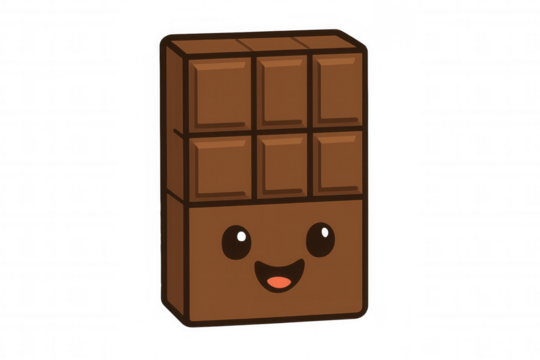 Chocolate bar character smiling, a sweet kawaii dessert illustration with a happy face expressing joy and cuteness on transparent background