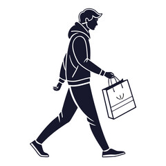 Stylized silhouette of a young man in a hoodie walking and carrying a shopping bag with a simple design on a white background