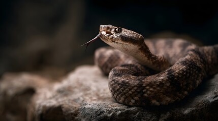 Fototapeta premium A coiled rattlesnake with its forked tongue flicking rests on a textured rock against a dark out of focus background