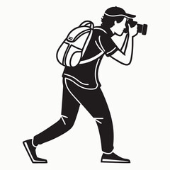 A black and white silhouette illustration of a person wearing a backpack and a baseball cap actively taking a photograph with a camera held up to their face while walking forward