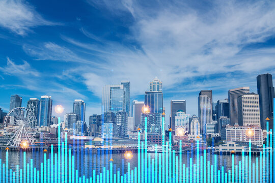 Modern cityscape of a USA skyline with digital data chart overlay concept against a clear blue sky and waterfront background in America.