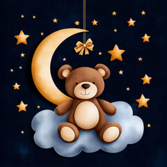bear moon illustration stars brown draw watercolor white isolated sitting background hand teddy cloud little toy animal cute love pig object christmas gift pink fun children soft stuffed