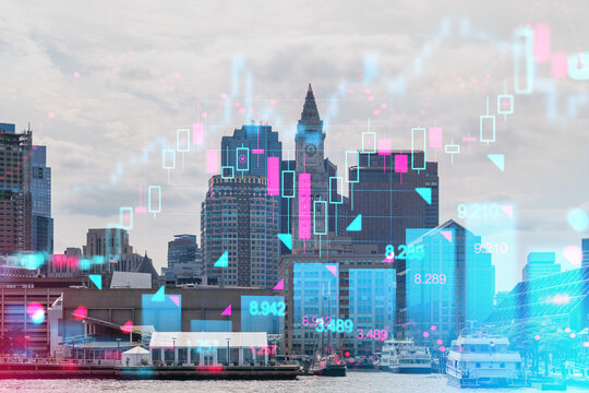 Digital financial data overlay on modern USA cityscape skyline with economic concept elements on cloudy background.