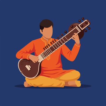 Man in orange playing a sitar while seated against a dark blue backdrop