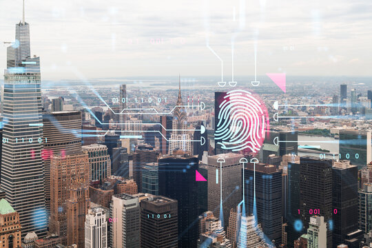 Futuristic fingerprint security system interface concept overlayed on a modern USA cityscape with digital elements in a cyber technology background.