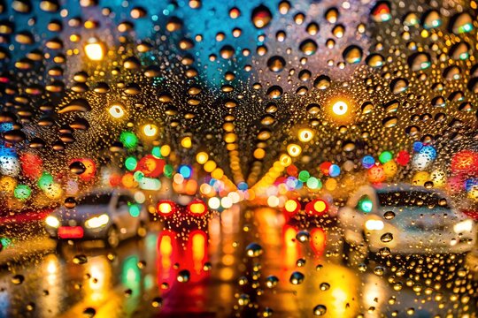 Raindrops on a car windshield create a bokeh effect of colorful city lights and car headlights blurred in the background, capturing the vibrant atmosphere of a wet night drive