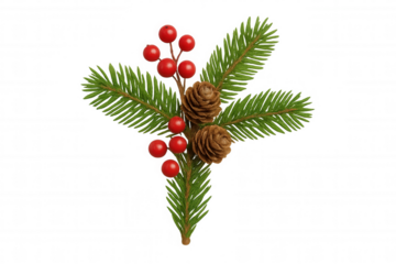 Christmas pine sprig with red berries and brown cones developing festive winter holiday theme