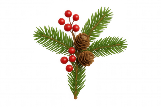 Christmas pine sprig with red berries and brown cones developing festive winter holiday theme