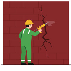 Worker repairing a crack in brick wall with caulk gun, wearing safety gear