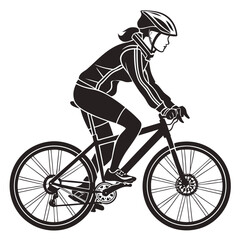 Naklejka premium Silhouette of a woman cyclist wearing a helmet and cycling gear riding a mountain bike with focus and determination on a white background