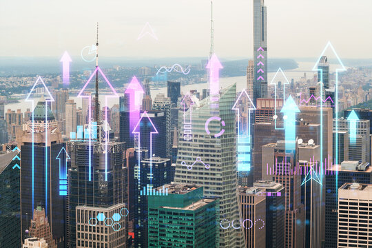 Futuristic economic growth concept with financial data graphics overlaying a cityscape skyline in the USA background, symbolizing market rise and progress.