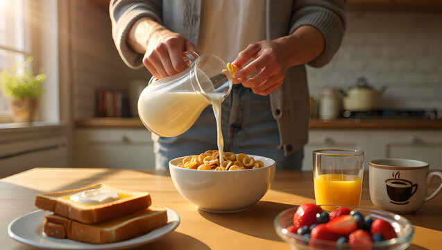 Weekend Breakfast Spread: Pouring Milk on Cereal with Toast and Juice