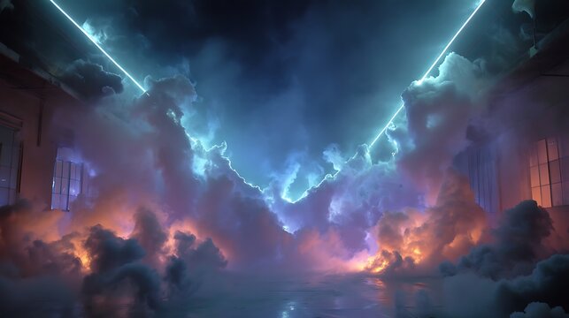 Colorful smoke clouds under bright beams high resolution image