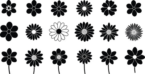 Floral vector collection with multiple daisy shapes, abstract blossom icons, decorative petal patterns, black flower silhouettes for design and illustration
