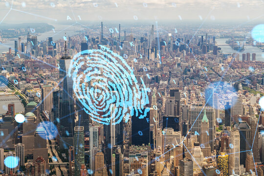Digital fingerprint cybersecurity concept over New York Cityscape with data elements on urban America background representing digital identity protection.