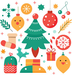 Vector art of a delightful arrangement of christmas icons, including a festive tree, ornaments, stocking, gift, candy cane, and snowflake, presented on a, ideal for seasonal greetings and projects
